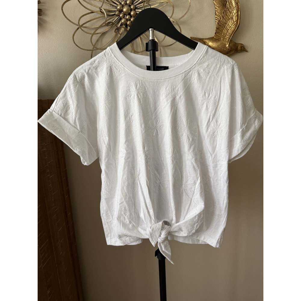 Sanctuary All Day Tie Tee M White Floral Embroidered Organic Cotton Top